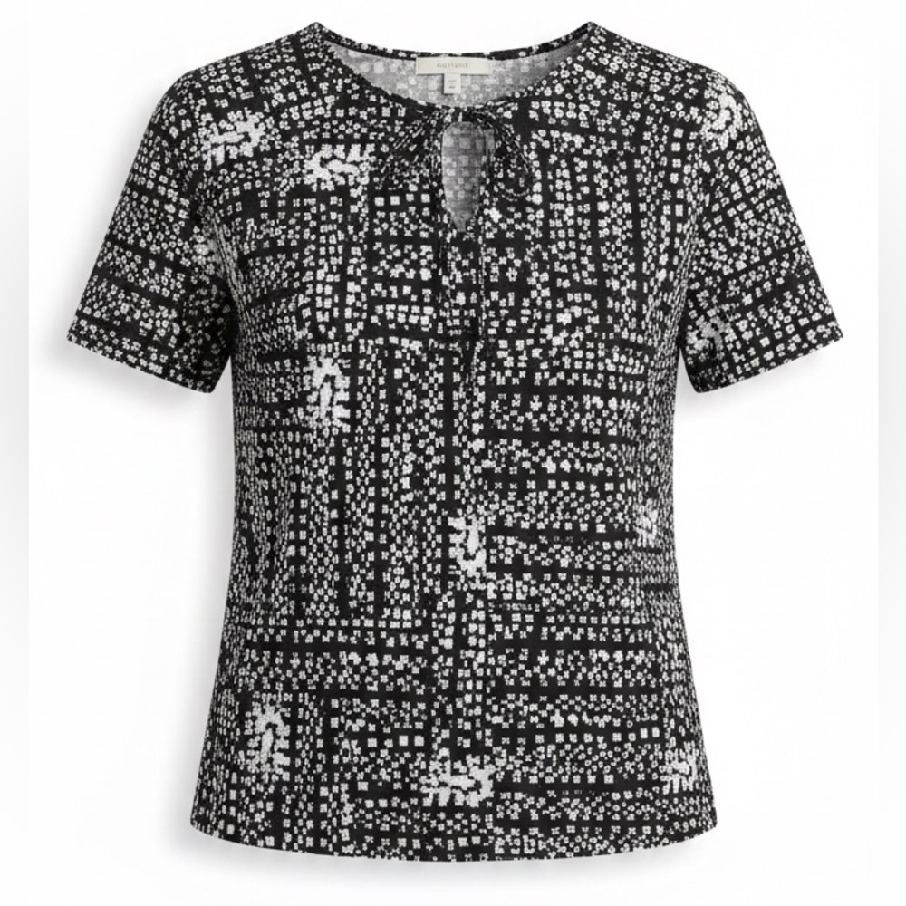 NWT Sunny Leigh Tegan Top Medium Black White Abstract Keyhole Tie Neck Blouse